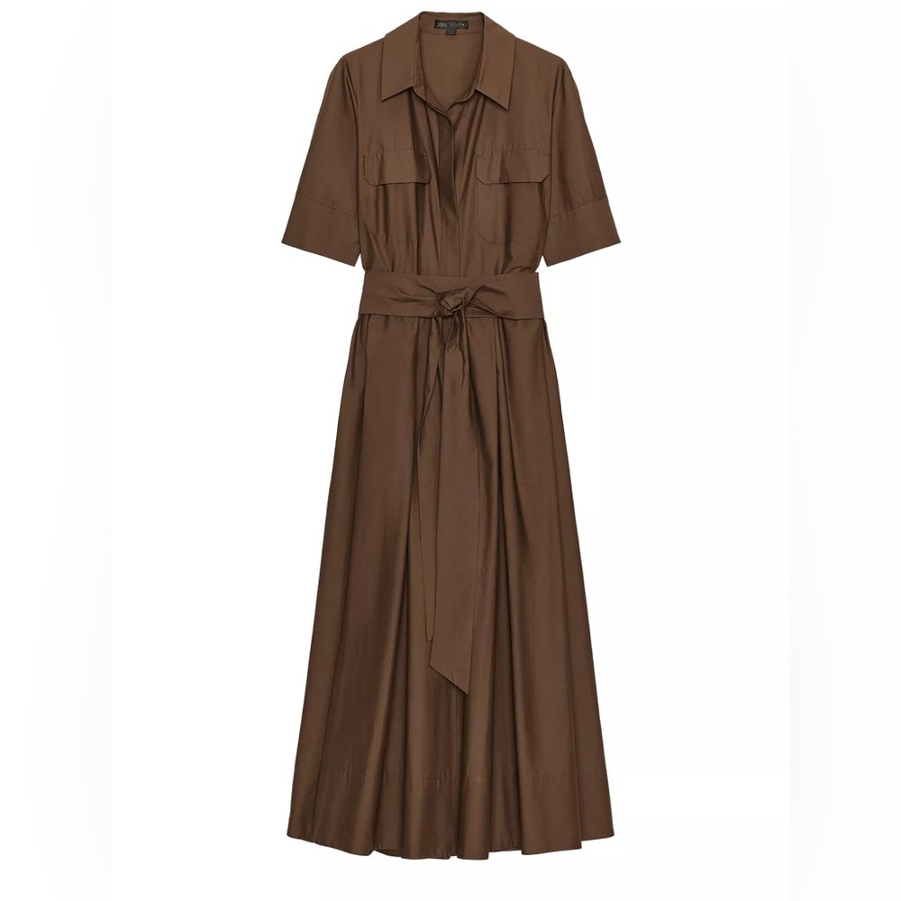 Zara Brown Midi Dress with Tie Waist